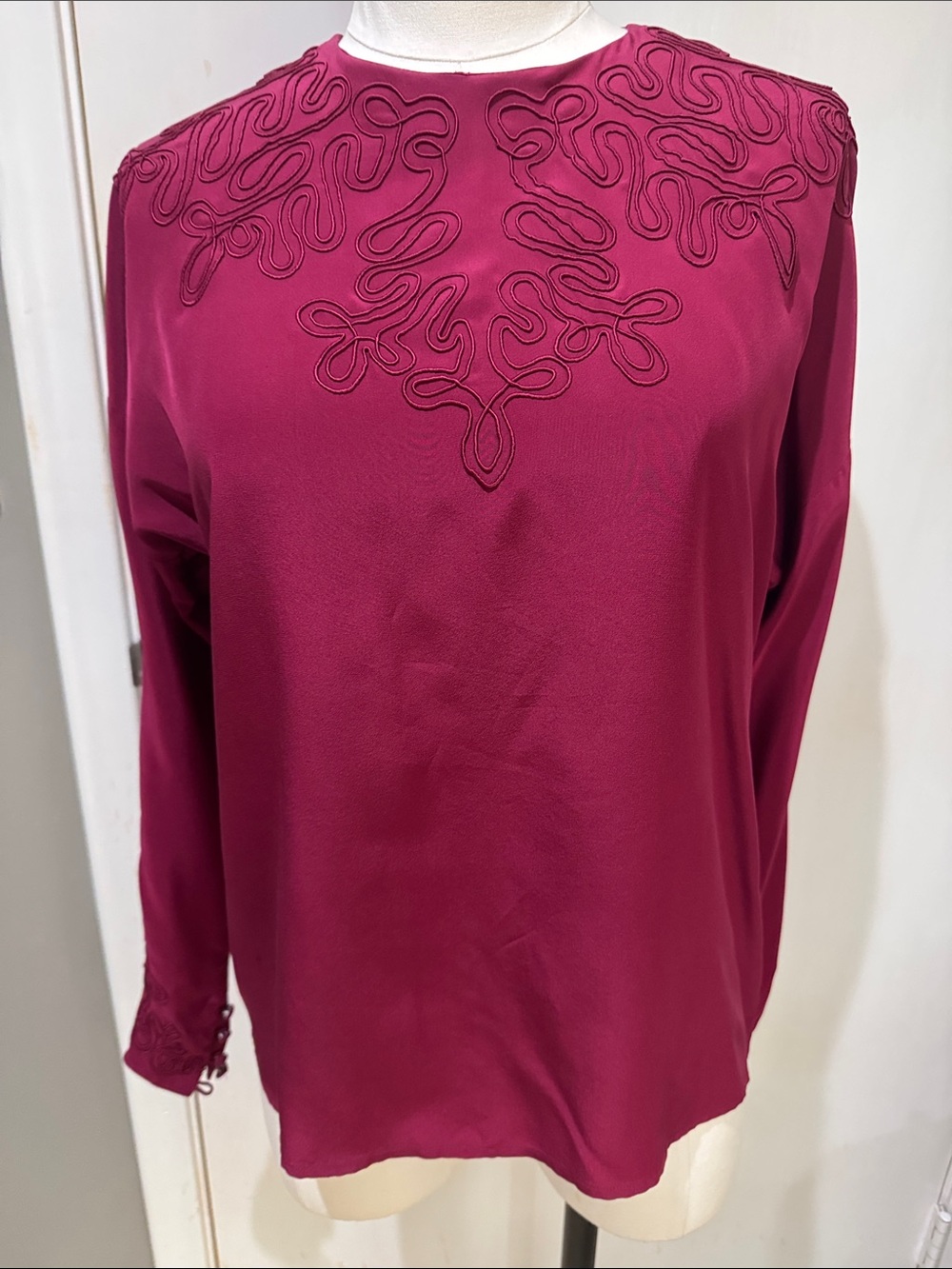 Ann Taylor Silk Wine Colored  Embroidered Jewel-Neck Blouse